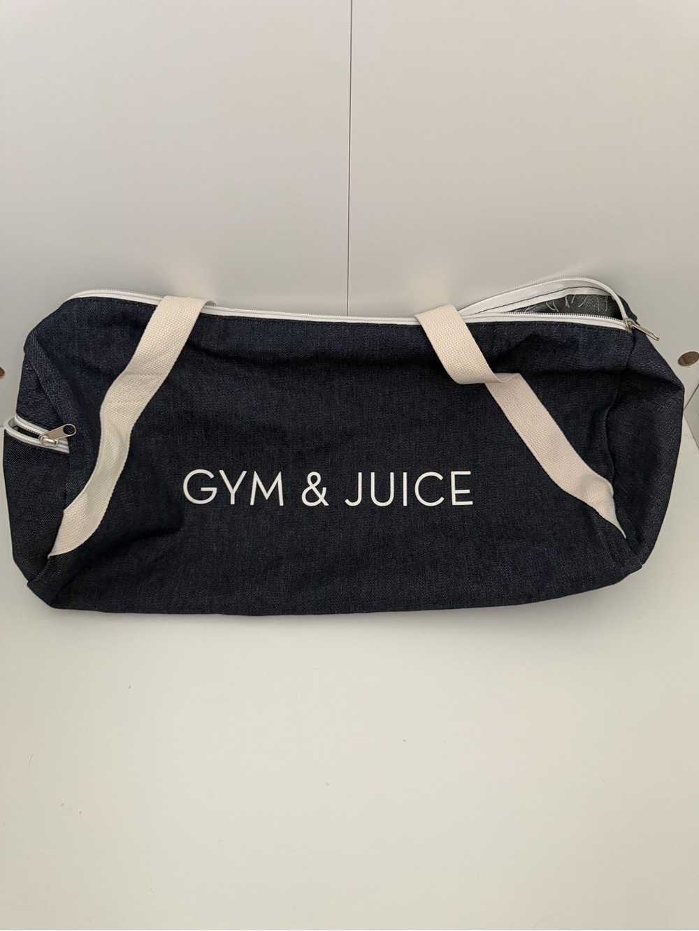 Private Party Gym & Juice Denim Gym Duffel Bag Navy Blue White $59 Retail